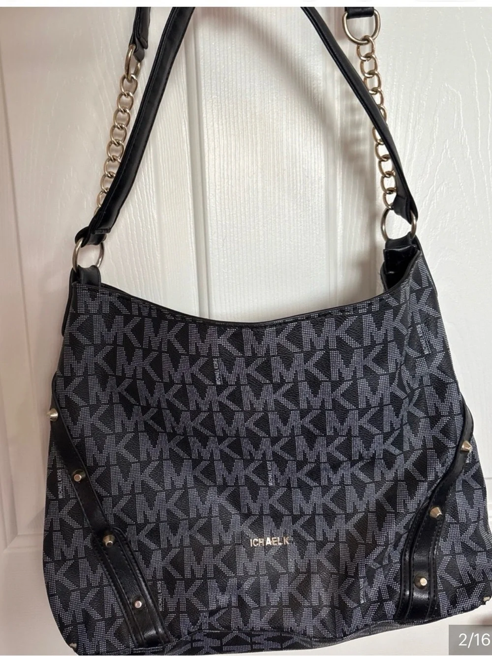 Michael Kors MK Monogram Black Gray Hobo Shoulder Bag Chain Strap